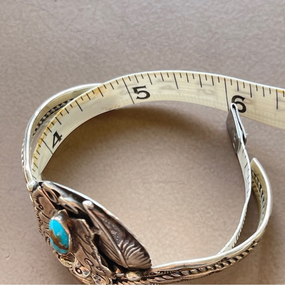 SOLD Jimmy F. Calabaza Signed Turquoise Sterling Silver Butterfly Kewa Bracelet - Picture 11 of 13